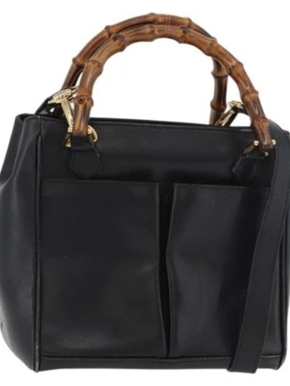 GUCCI Bamboo Hand Bag Leather 2way Black Gold Auth 177474